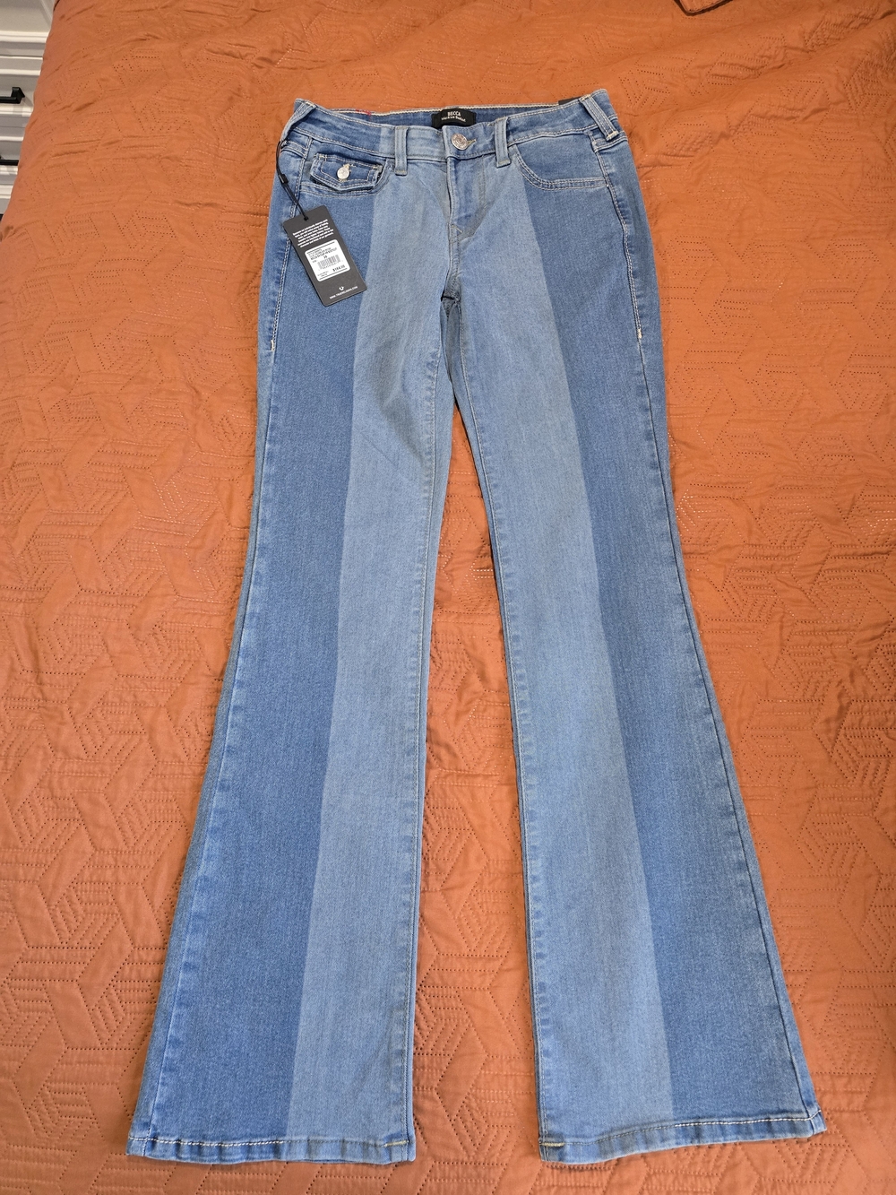 True Religion Two-Tone Blue Vertical Panel Flare Jeans